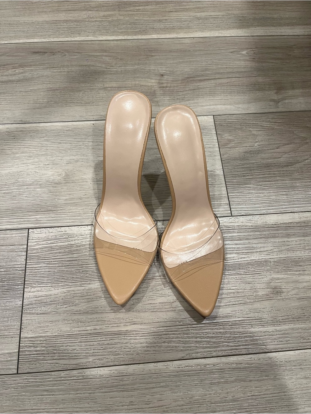 Nude Pointed-Toe Clear Strap Mule